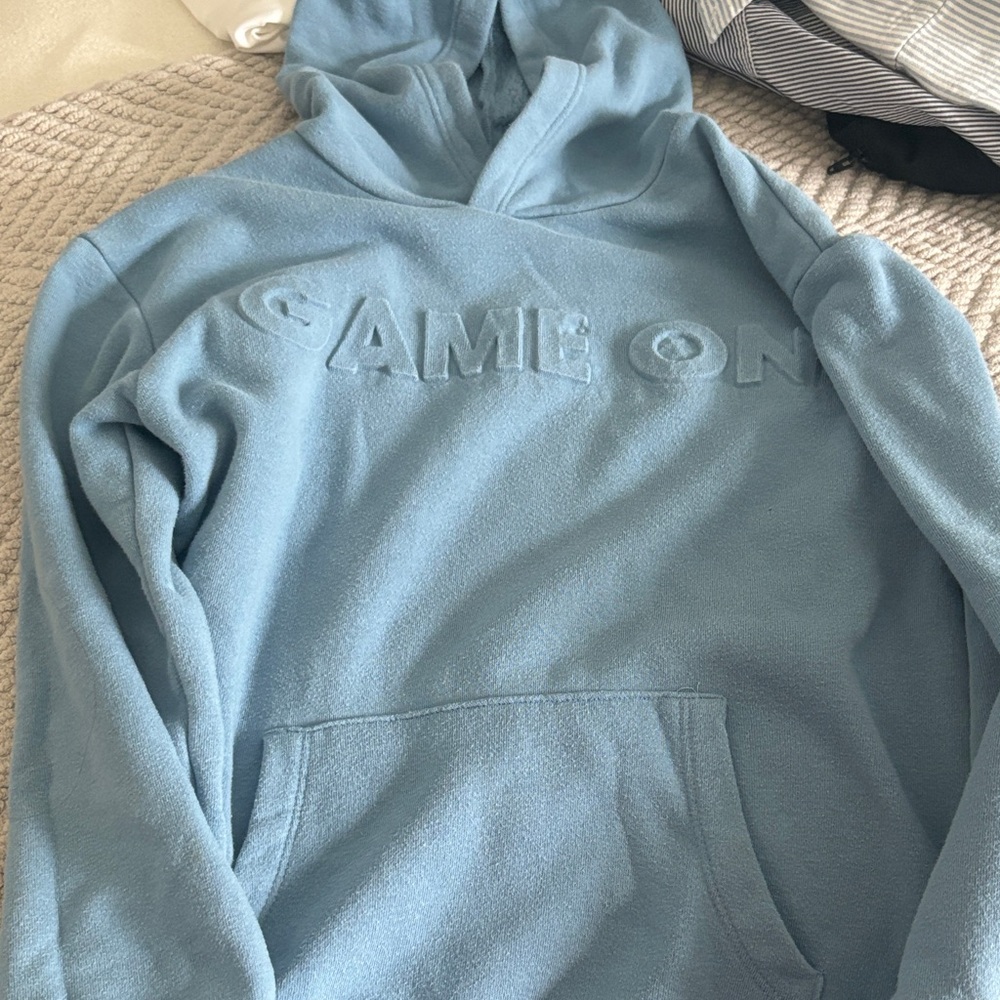 Light Blue 'GAME ON' Embossed Hoodie boys large 10-12